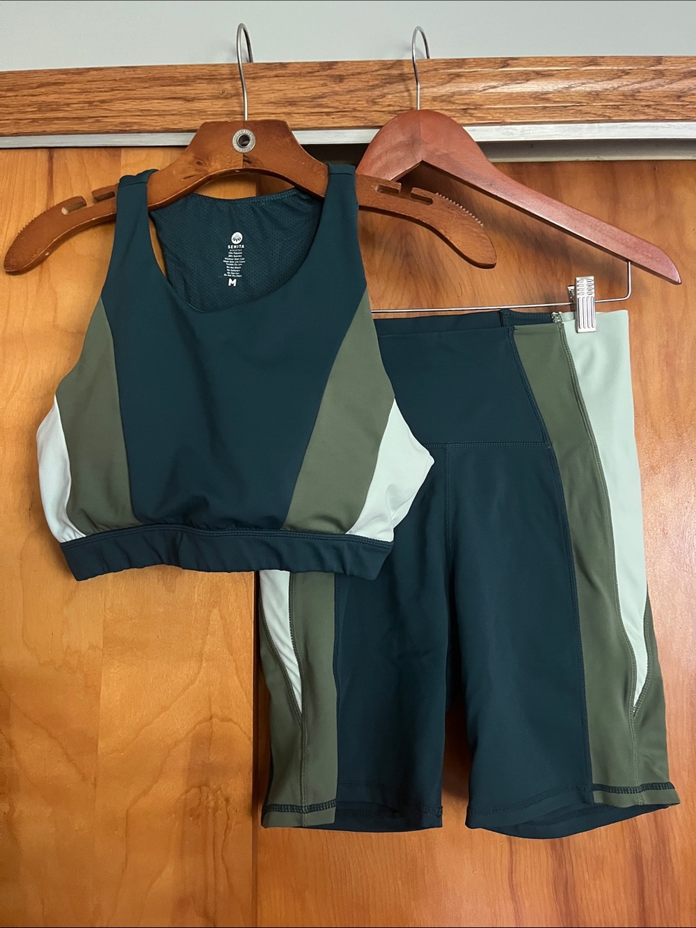 Senita Athletics Colorblock High-Waist Bike Shorts Set - Dark Teal, Olive, Cream